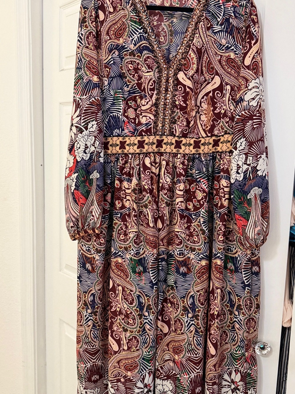 Dex Paisley Print Long Sleeve Dress in Burgundy, Navy, Cream and Green